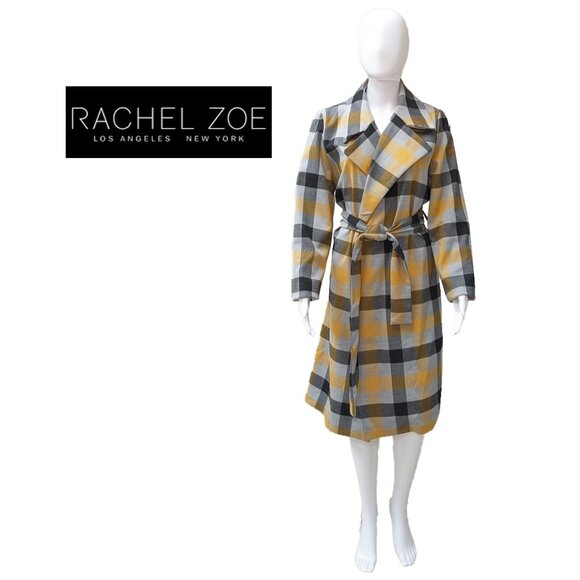 RACHEL ZOE Gray & Pumpkin Plaid Trench Coat w/ Belt - Picture 1 of 7